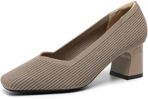 Women's Square Toe Pumps Knit Dress Shoes Comfortable Low Wedge Mesh Shoes for Women Slip On Pumps with Chunky Heel Shoes Classic Soft Mary Jane Shoes