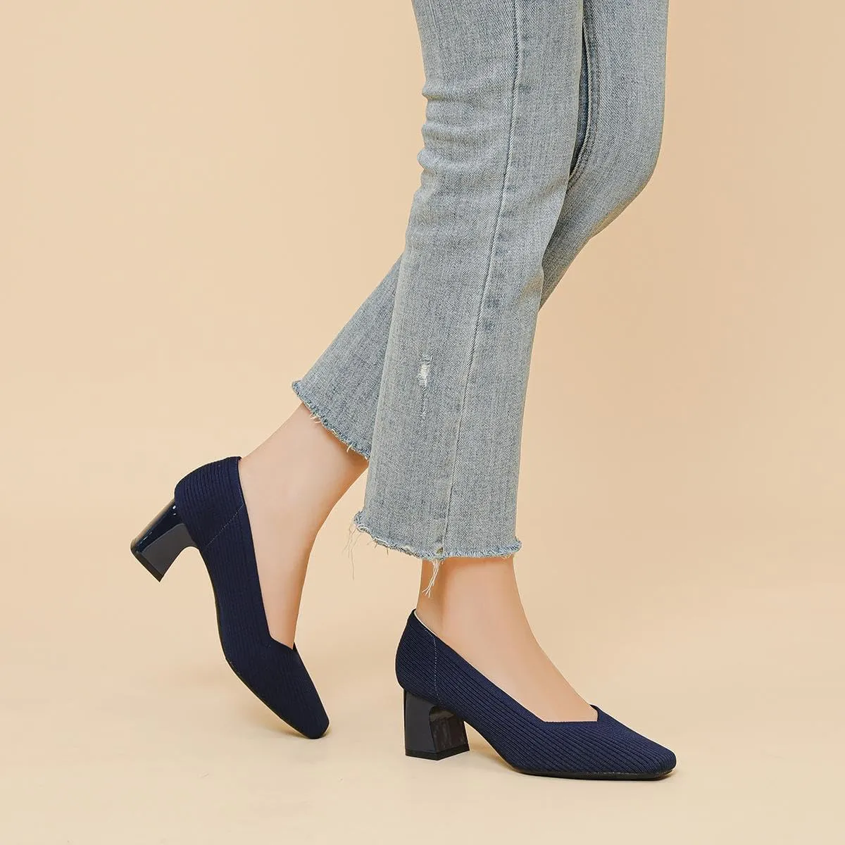 Women's Square Toe Pumps Knit Dress Shoes Comfortable Low Wedge Mesh Shoes for Women Slip On Pumps with Chunky Heel Shoes Classic Soft Mary Jane Shoes