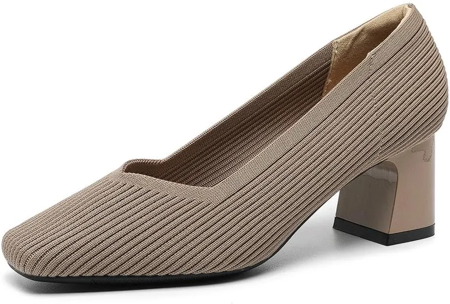 Women's Square Toe Pumps Knit Dress Shoes Comfortable Low Wedge Mesh Shoes for Women Slip On Pumps with Chunky Heel Shoes Classic Soft Mary Jane Shoes