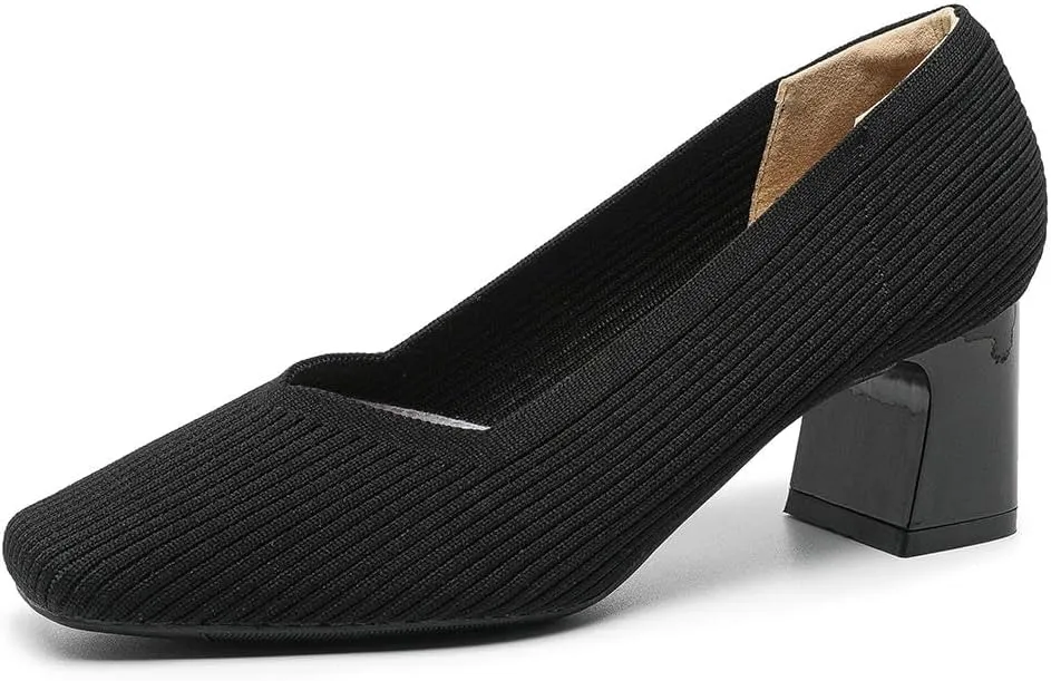 Women's Square Toe Pumps Knit Dress Shoes Comfortable Low Wedge Mesh Shoes for Women Slip On Pumps with Chunky Heel Shoes Classic Soft Mary Jane Shoes