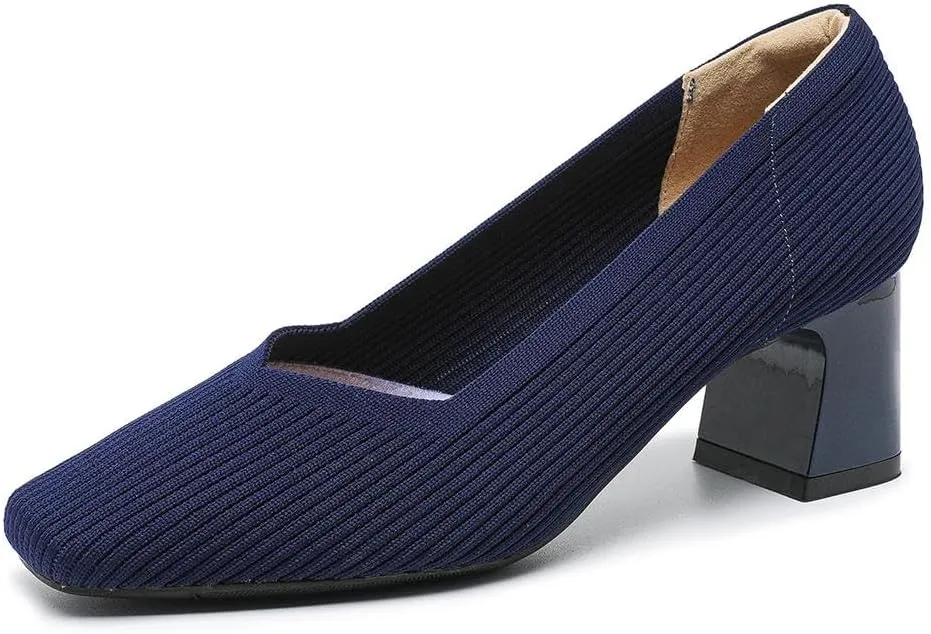 Women's Square Toe Pumps Knit Dress Shoes Comfortable Low Wedge Mesh Shoes for Women Slip On Pumps with Chunky Heel Shoes Classic Soft Mary Jane Shoes