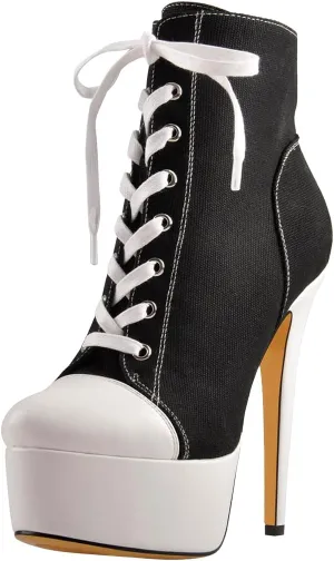 Women's Tie Up Platform High Heels Zip Up Ankle Boots Canvas Fashion Sneakers
