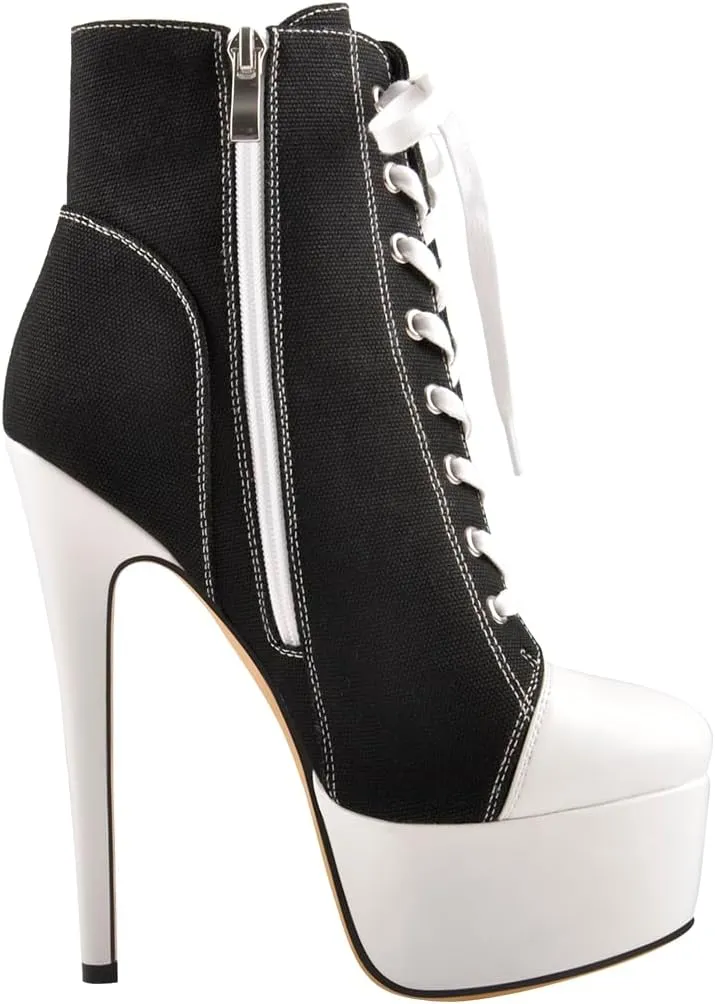 Women's Tie Up Platform High Heels Zip Up Ankle Boots Canvas Fashion Sneakers