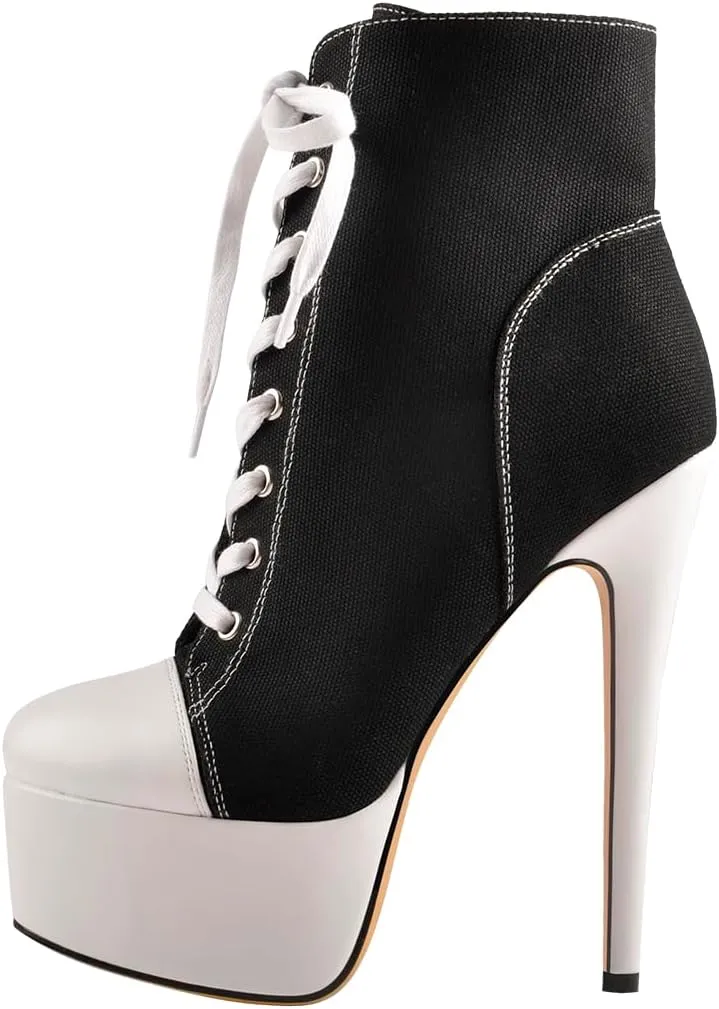 Women's Tie Up Platform High Heels Zip Up Ankle Boots Canvas Fashion Sneakers