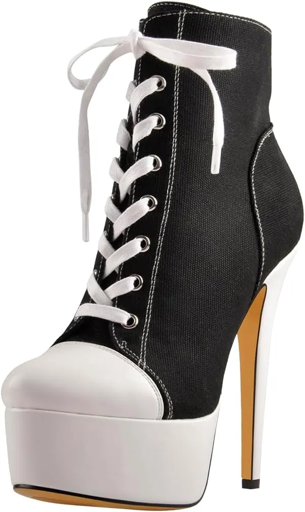Women's Tie Up Platform High Heels Zip Up Ankle Boots Canvas Fashion Sneakers