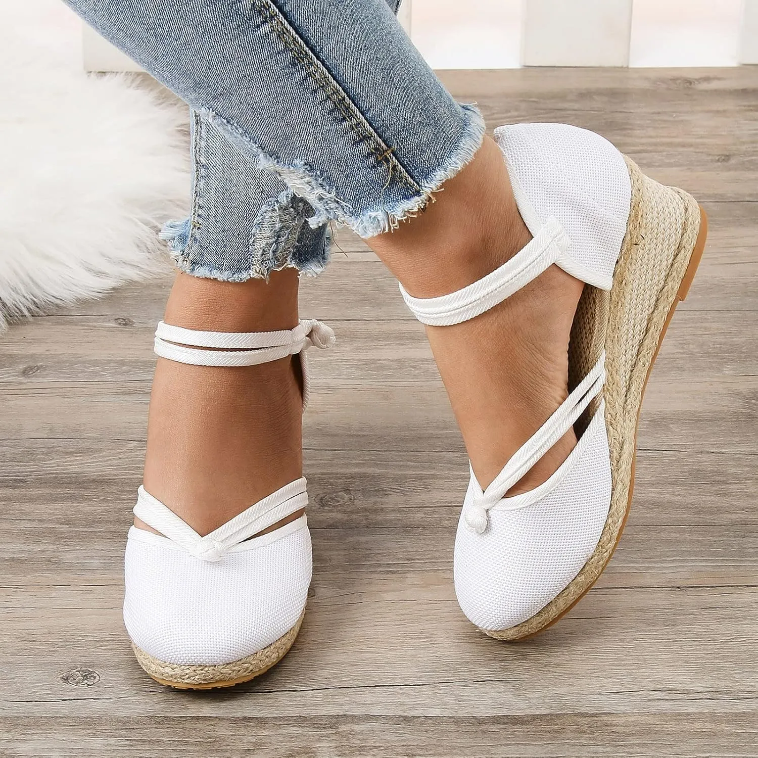 Womenyiaor Closed Toe Sandals Women, Women's Espadrilles Low Wedge Heel Sandals Ankle Strap Espadrille Wedge Sandals Dressy Casual Summer Comfortable Platform Wedge Shoes (a-White, 8)