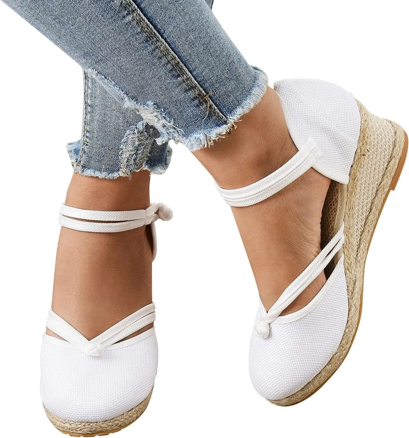 Womenyiaor Closed Toe Sandals Women, Women's Espadrilles Low Wedge Heel Sandals Ankle Strap Espadrille Wedge Sandals Dressy Casual Summer Comfortable Platform Wedge Shoes (a-White, 8)