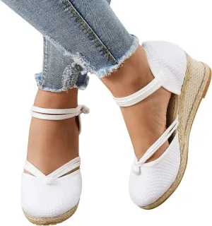 Womenyiaor Closed Toe Sandals Women, Women's Espadrilles Low Wedge Heel Sandals Ankle Strap Espadrille Wedge Sandals Dressy Casual Summer Comfortable Platform Wedge Shoes (a-White, 8)