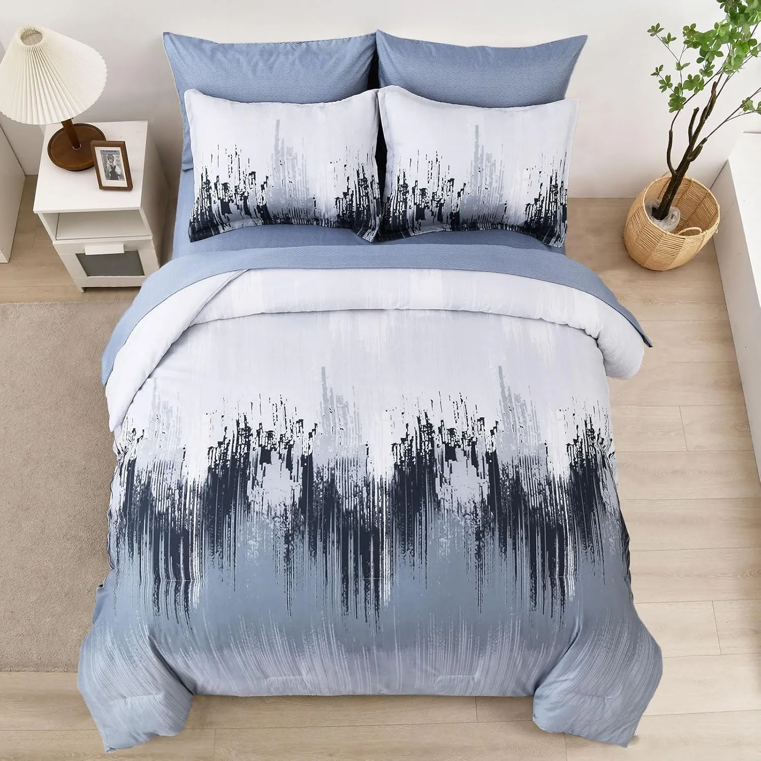 WONGS BEDDING Comforter Set King, Blue 7 Pieces Bed in a Bag Abstract Art Gradient Comforter Dusty Blue Soft Microfiber Bedding with Comforter, Flat Sheet, Fitted Sheet, Pillow Shams,Pillowcases