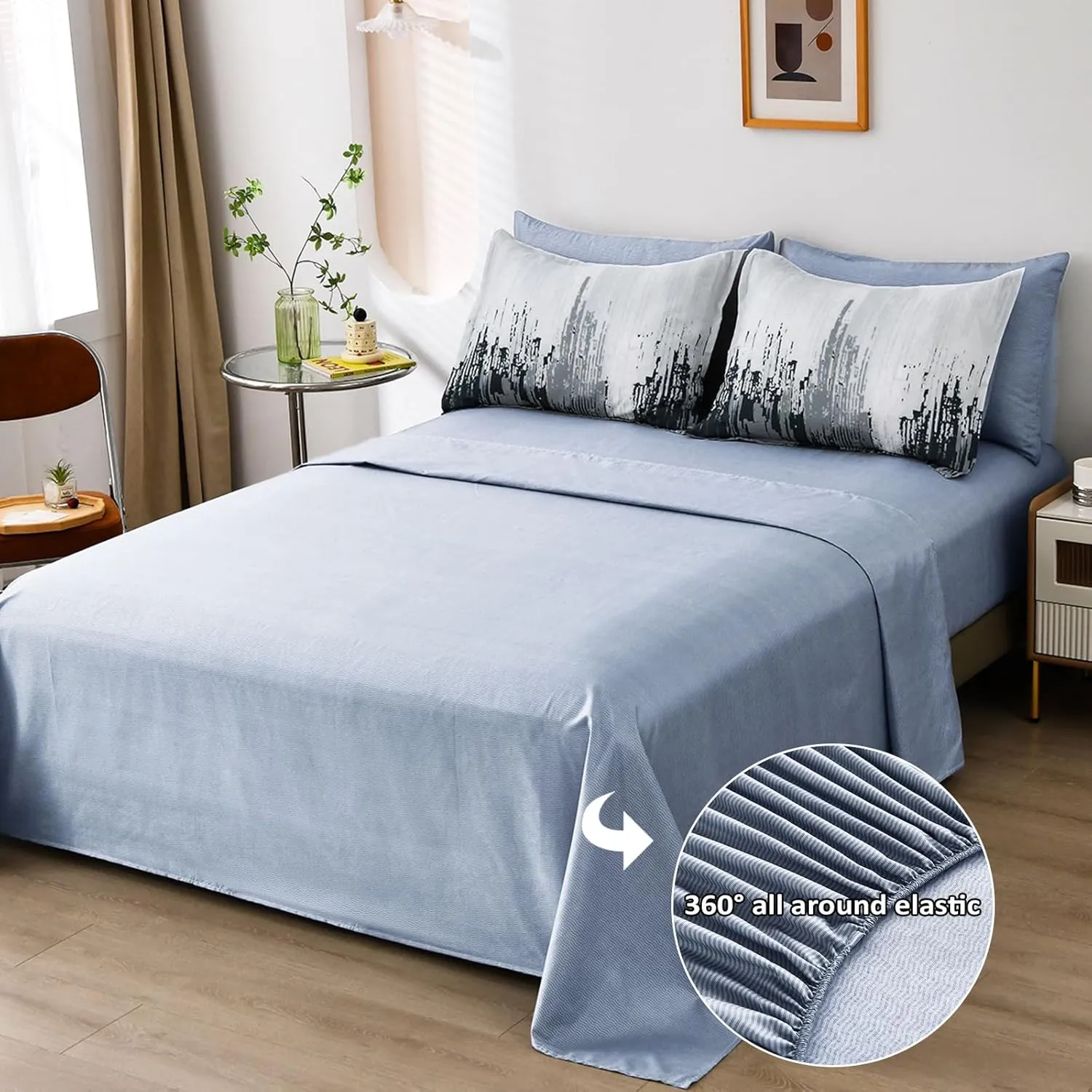 WONGS BEDDING Comforter Set King, Blue 7 Pieces Bed in a Bag Abstract Art Gradient Comforter Dusty Blue Soft Microfiber Bedding with Comforter, Flat Sheet, Fitted Sheet, Pillow Shams,Pillowcases