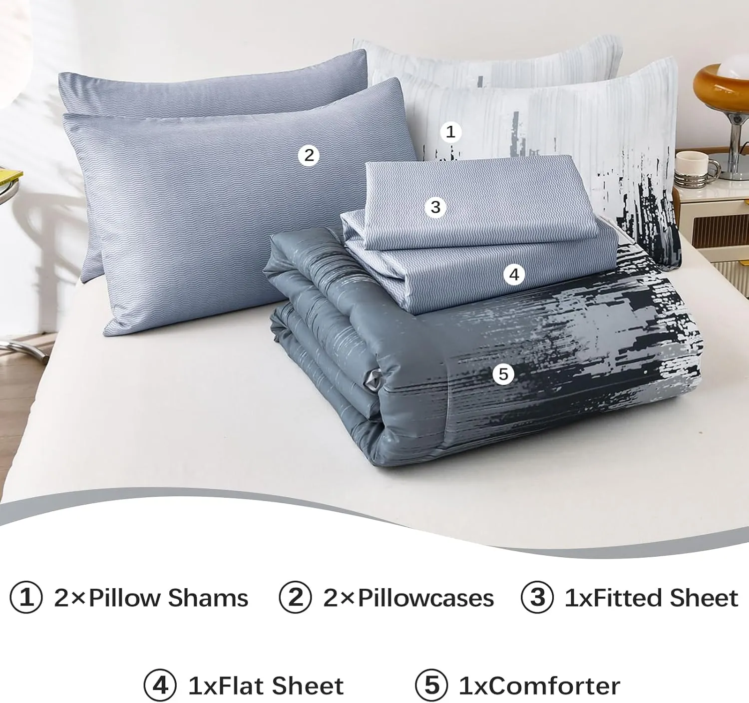 WONGS BEDDING Comforter Set King, Blue 7 Pieces Bed in a Bag Abstract Art Gradient Comforter Dusty Blue Soft Microfiber Bedding with Comforter, Flat Sheet, Fitted Sheet, Pillow Shams,Pillowcases