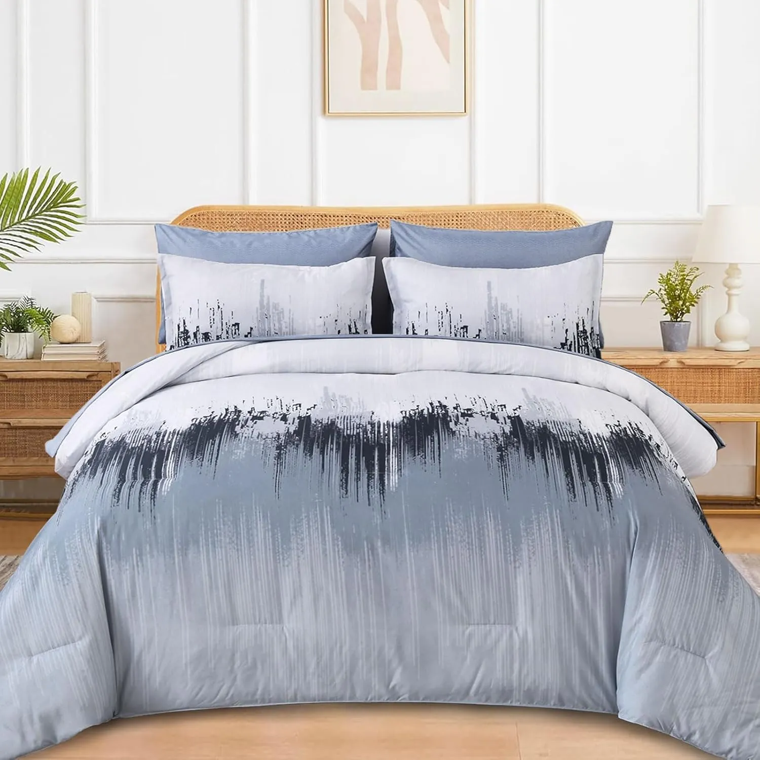 WONGS BEDDING Comforter Set King, Blue 7 Pieces Bed in a Bag Abstract Art Gradient Comforter Dusty Blue Soft Microfiber Bedding with Comforter, Flat Sheet, Fitted Sheet, Pillow Shams,Pillowcases