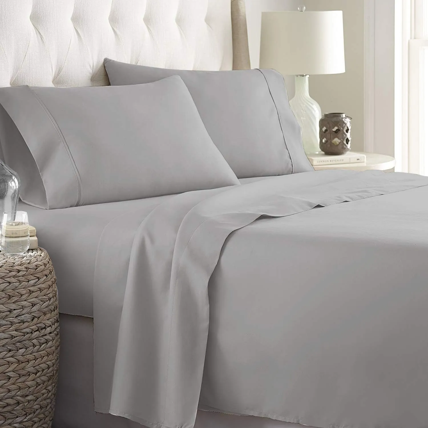 Xtream Fabric 4 Piece Real 800 Thread Count Bed Sheet Set - 100% Egyptian Cotton Ultra Soft Luxury Sheets - Italian Finish Fitted Sheet fits Upto 19” deep Pocket Mattress (King, Light Grey Solid)