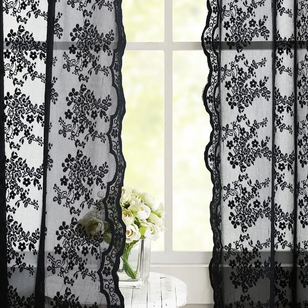 YJ YANJUN Black Sheer Curtains - 84 Inch Long Old Fashion Goth Curtains for Living Room Victorian Black Lace Window Curtains with Rod Pocket