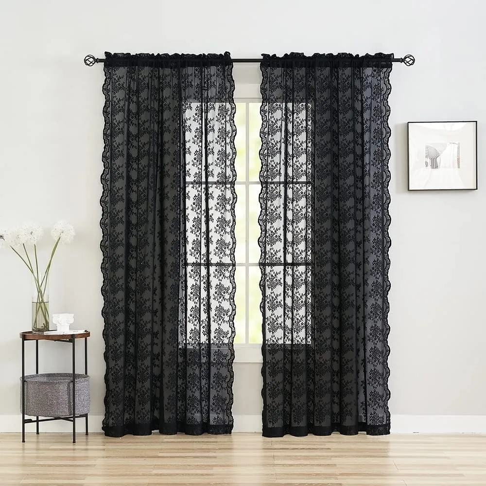 YJ YANJUN Black Sheer Curtains - 84 Inch Long Old Fashion Goth Curtains for Living Room Victorian Black Lace Window Curtains with Rod Pocket