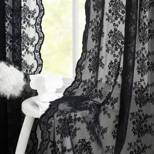 YJ YANJUN Black Sheer Curtains - 84 Inch Long Old Fashion Goth Curtains for Living Room Victorian Black Lace Window Curtains with Rod Pocket