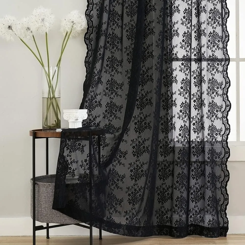 YJ YANJUN Black Sheer Curtains - 84 Inch Long Old Fashion Goth Curtains for Living Room Victorian Black Lace Window Curtains with Rod Pocket