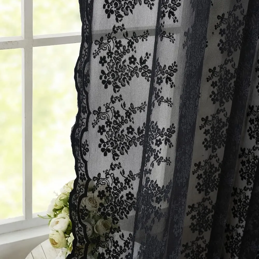 YJ YANJUN Black Sheer Curtains - 84 Inch Long Old Fashion Goth Curtains for Living Room Victorian Black Lace Window Curtains with Rod Pocket